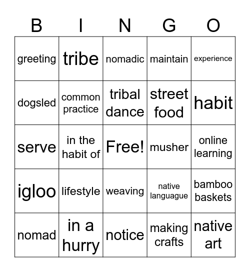 Unit 6 Vocabulary Bingo Card
