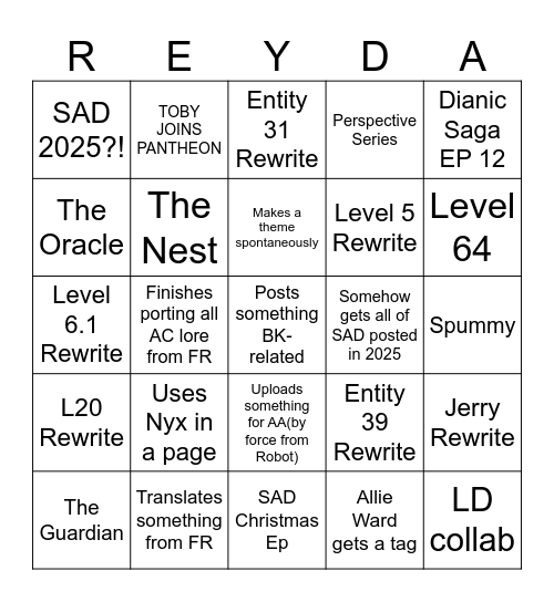Backrooms 2025 ReyDay Bingo Card