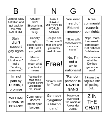 The Life of a Nazbol/MAGAcommunist Bingo Card