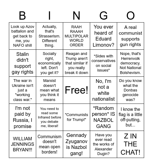 The Life of a Nazbol/MAGAcommunist Bingo Card