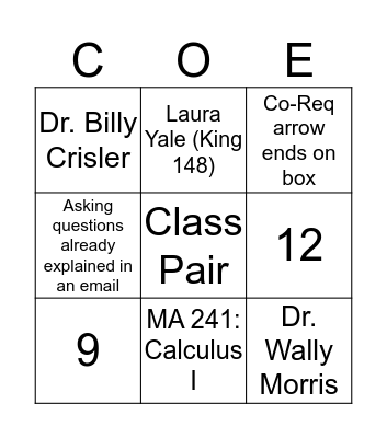 COE Academic Advising BINGO Card