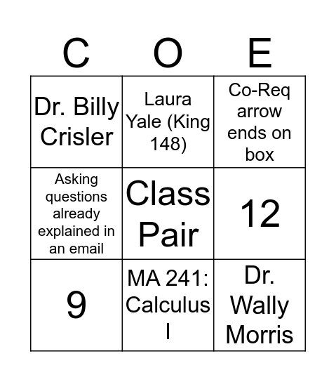 COE Academic Advising BINGO Card