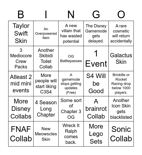 Fortnite 2025 Bingo Card