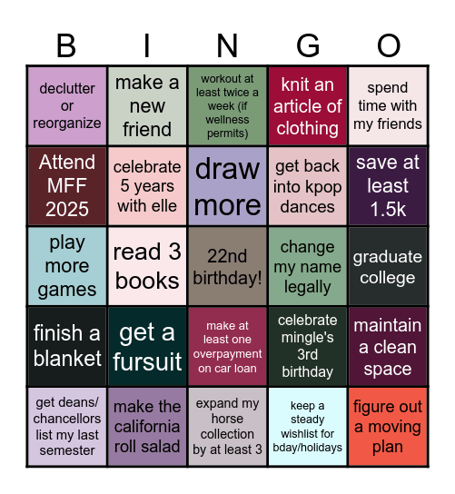 New Years Goals Bingo Card