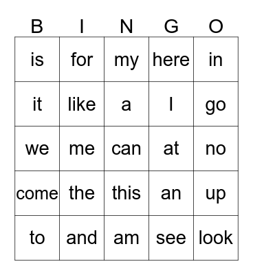 Sight Words Bingo-Kindergarten Bingo Card