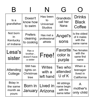 Handley Family Bingo Card