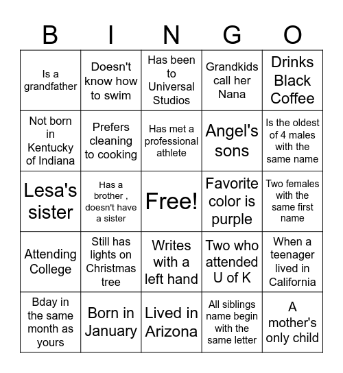 Handley Family Bingo Card