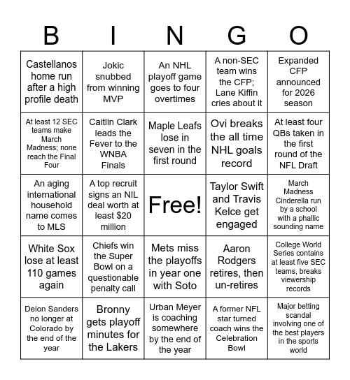 2025 North American Sports Bingo Card