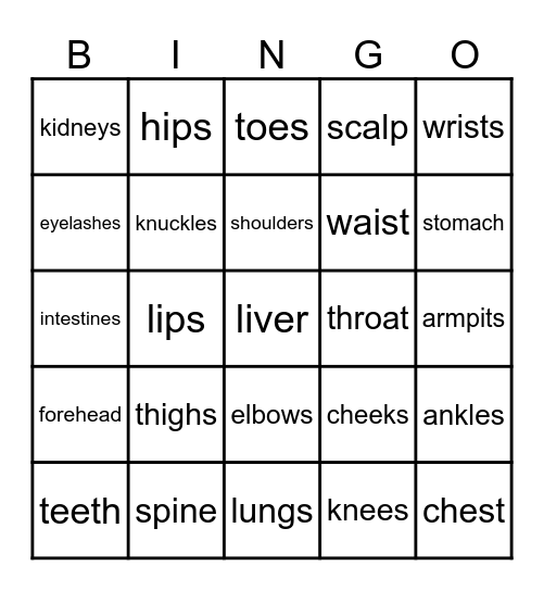 Body Parts Bingo Card