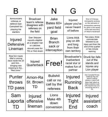 Detroit Lions Bingo Card