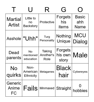Turg Character Bingo Board Bingo Card