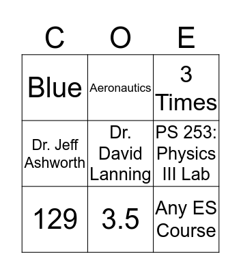 COE Academic Advising BINGO Card