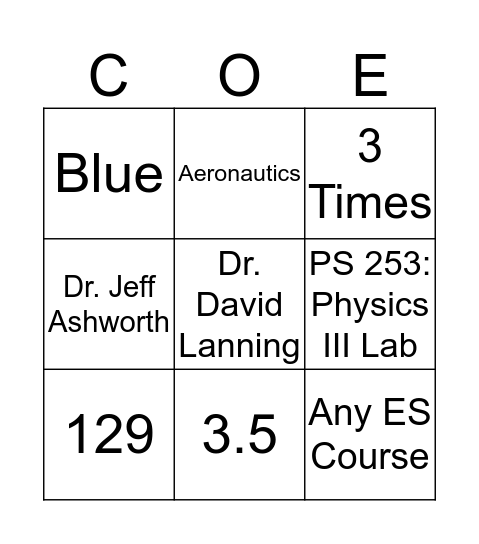 COE Academic Advising BINGO Card