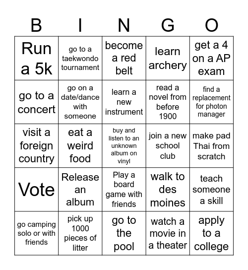 New Years Bingo Card