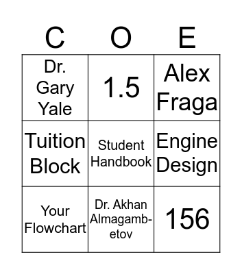 COE Academic Advising BINGO Card