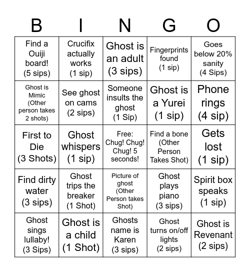 Phasmo Drinking Game Bingo Card