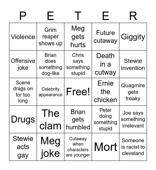 Family guy bingo Card