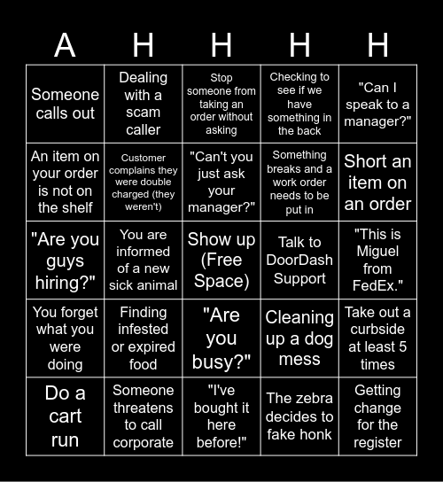 PetSmart Manager Bingo Card