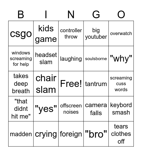 Gamer rage Bingo Card