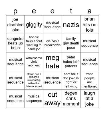 Family Guy Bingo Card