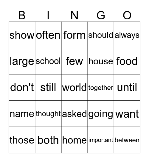 Sight Words Bingo-5th Grade Bingo Card