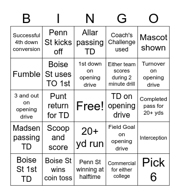 Penn State vs. Boise State Bingo Card