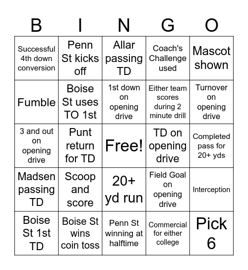 Penn State vs. Boise State Bingo Card