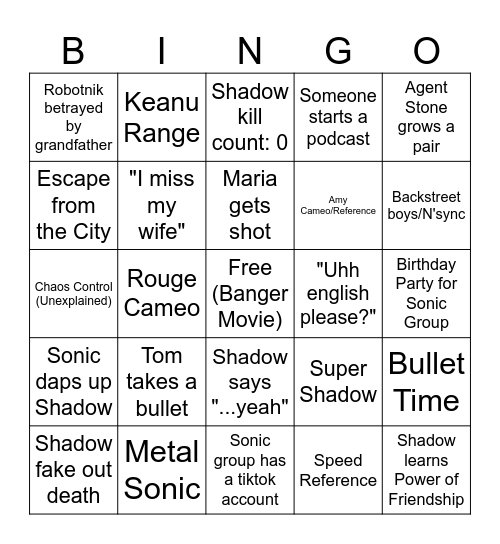 Sonic 3 Bingo Card