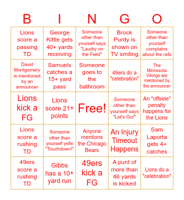 Monday Night Football Bingo Card