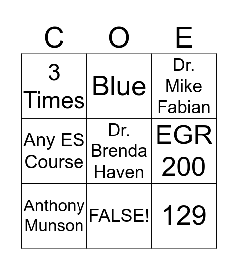 COE Academic Advising BINGO Card