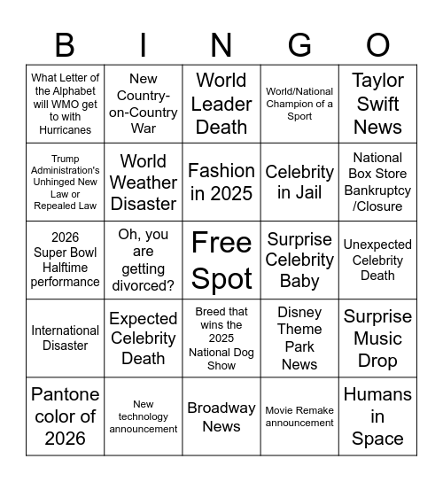 2025 World Life BINGO Card
