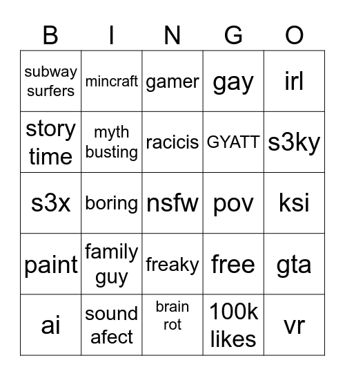 shorts Bingo Card