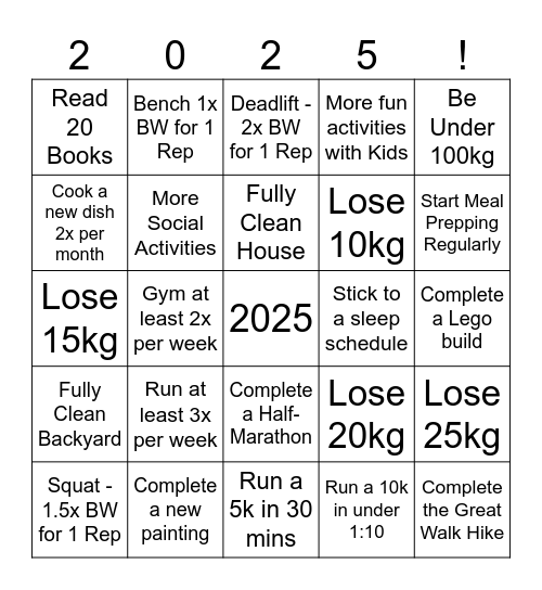 2025 Goals Bingo Card