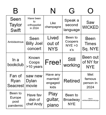 NEW YEARS EVE- 2024 Bingo Card