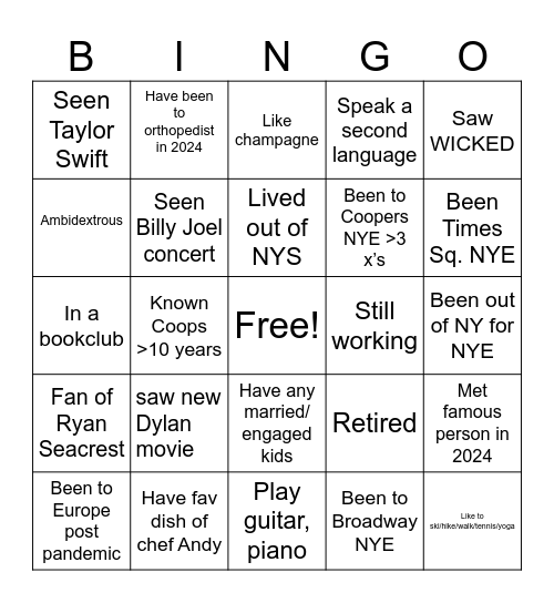 NEW YEARS EVE- 2024 Bingo Card