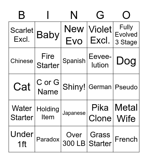Pokemon Surprise Trade Bingo Card