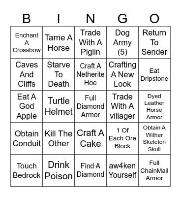 Minecraft bingo Card