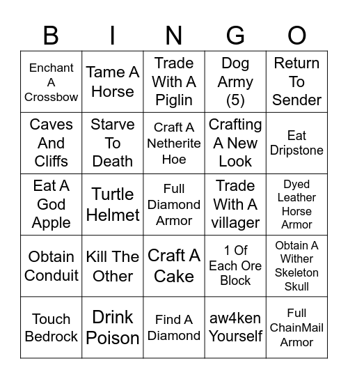 Minecraft bingo Card