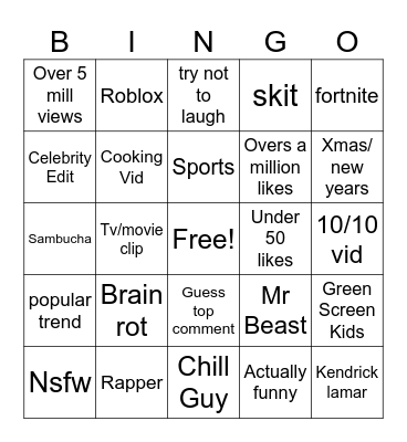 Youtube shorts bingo Card