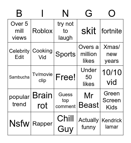 Youtube shorts bingo Card