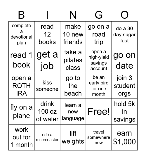 2025 New Years Resolutions Bingo Card