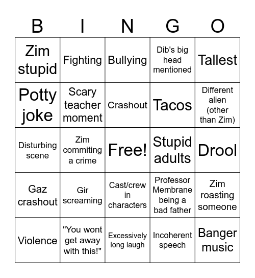Invader Zim Bingo (blackout) Bingo Card