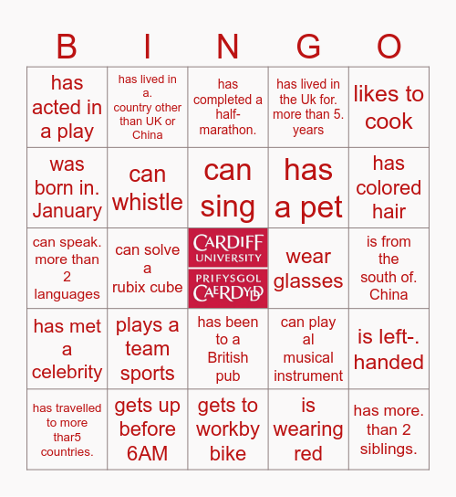 Cardiff University Annual Party Bingo Card