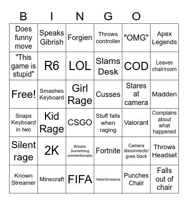 Gamer Rage Bingo Card