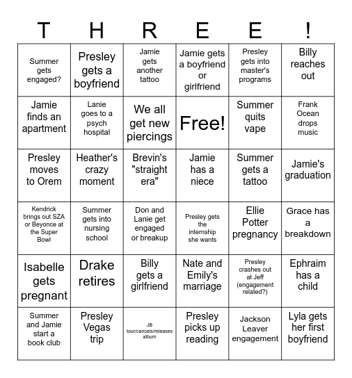 Terrible Trio 2025 Bingo Card