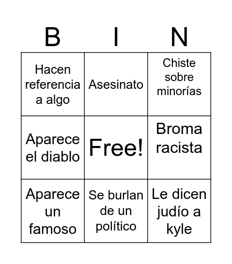 South Park Bingo Card