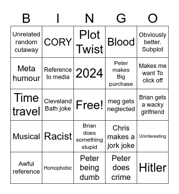 Family guy Bingo Card