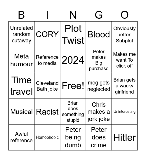 Family guy Bingo Card