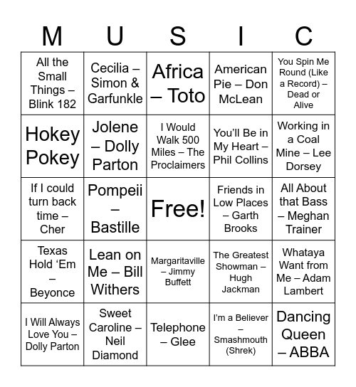 Music Bingo Card