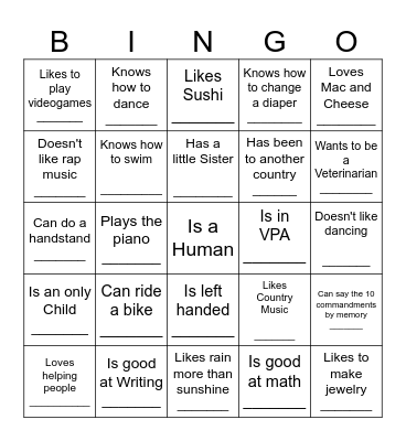 MHS HUMAN BINGO Card